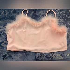 Shein pink halter top feathers, trim around the top of it spaghetti straps
